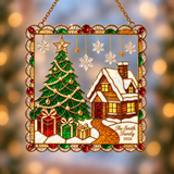 Personalized Christmas Tree & Snowy Cabin Framed Holographic Acrylic Suncatcher