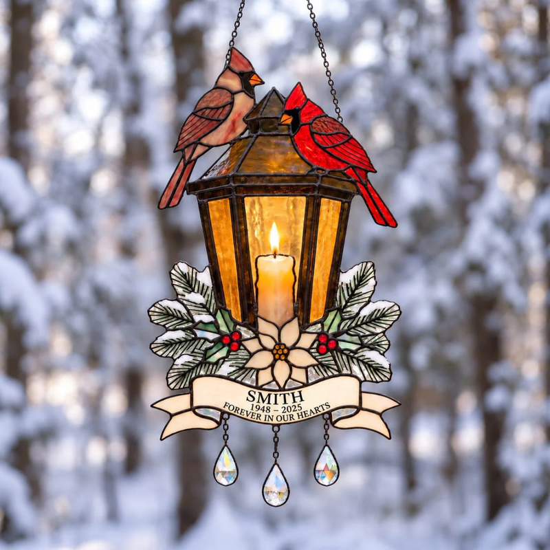 Personalized Cardinal Memorial Lantern Holographic Acrylic Suncatcher — In Loving Memory