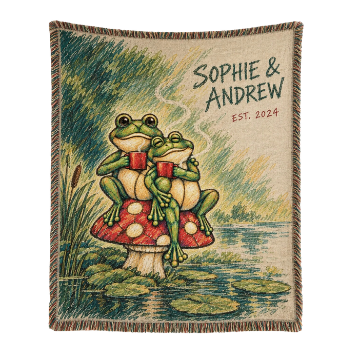 Personalized Coffee for Two Frog Couple Woven Blanket