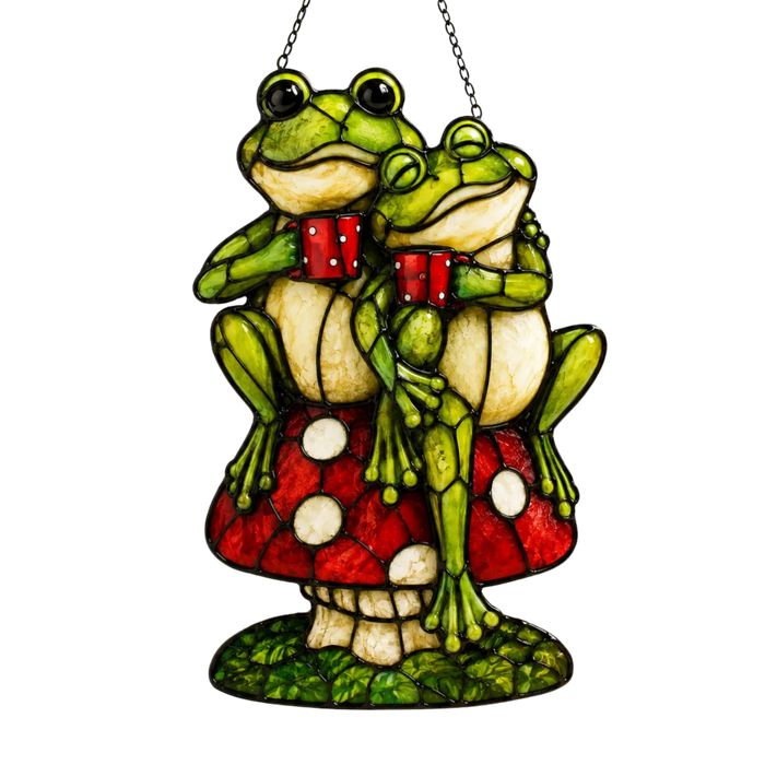 Frog Couple on Mushroom Holographic Acrylic Suncatcher