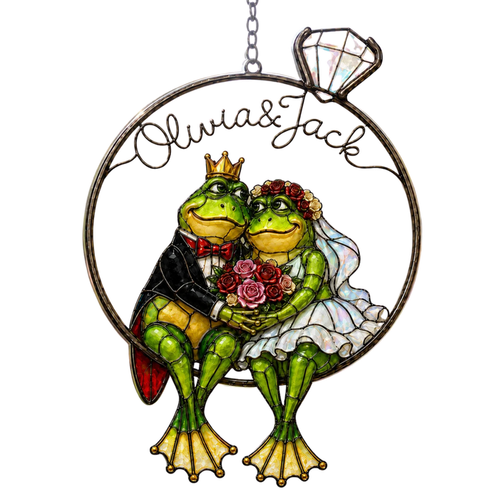 Personalized Frog Wedding Couple Ring Holographic Acrylic Suncatcher