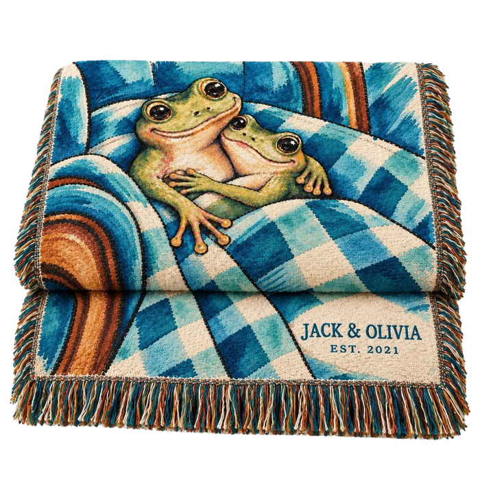 Personalized Under One Blanket Frog Couple Woven Blanket