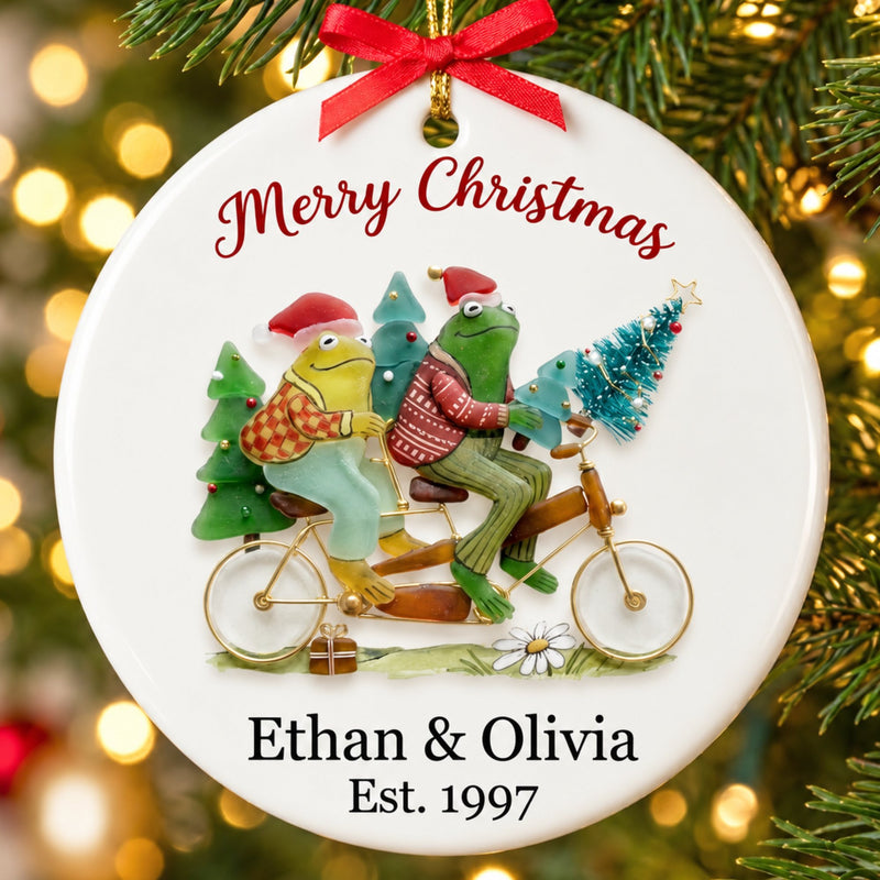 Personalized Frog Couple on a Tandem Bike Ceramic Christmas Ornament — Built for Two