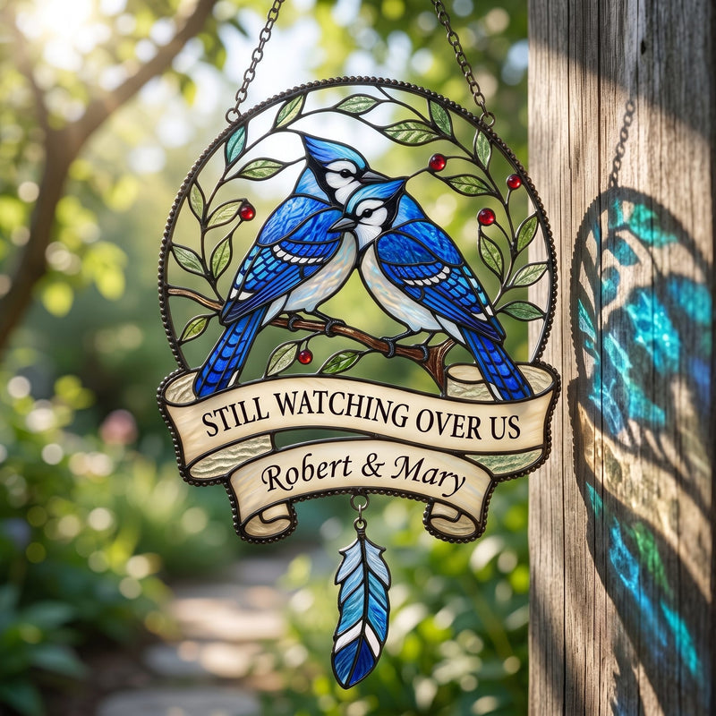 Personalized Blue Jay Memorial Holographic Acrylic Suncatcher — Still Watching Over Us