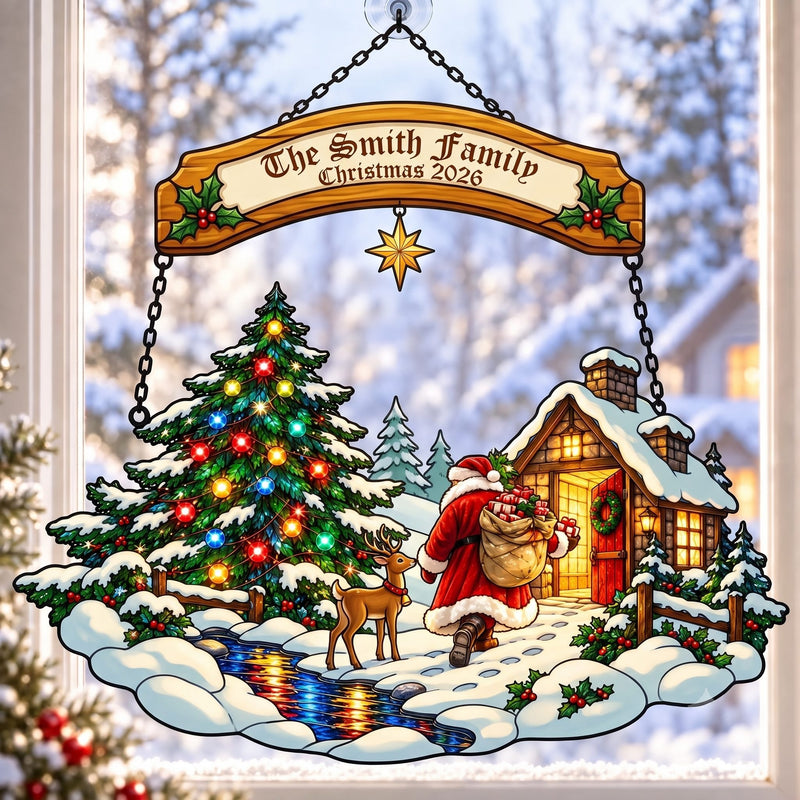 Personalized Family Name Santa at the Snowy Cabin Holographic Acrylic Suncatcher