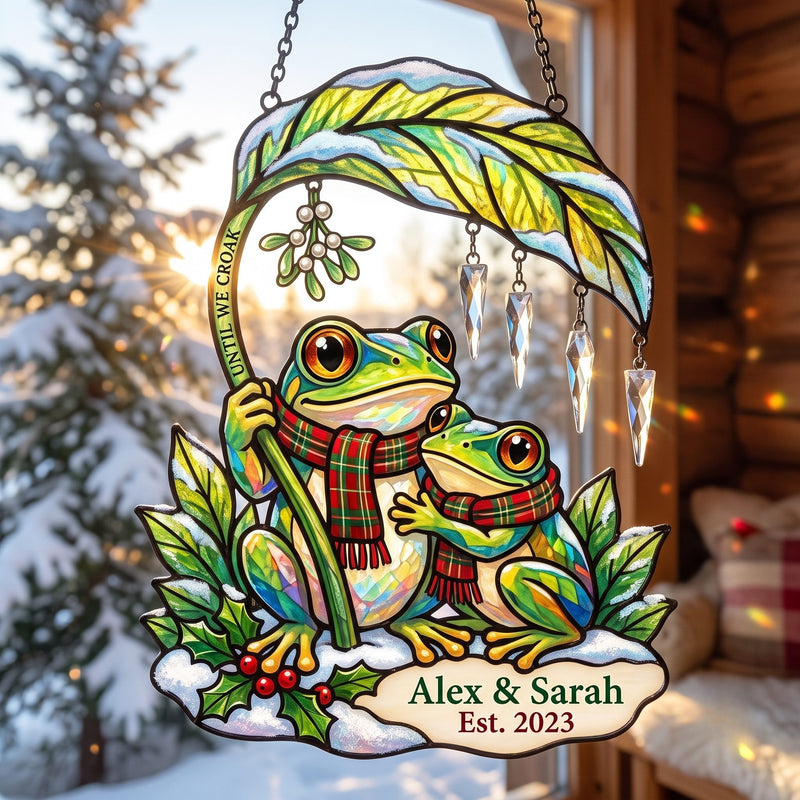 Personalized Frog Couple Mistletoe & Leaf Umbrella Holographic Acrylic Suncatcher — Until We Croak