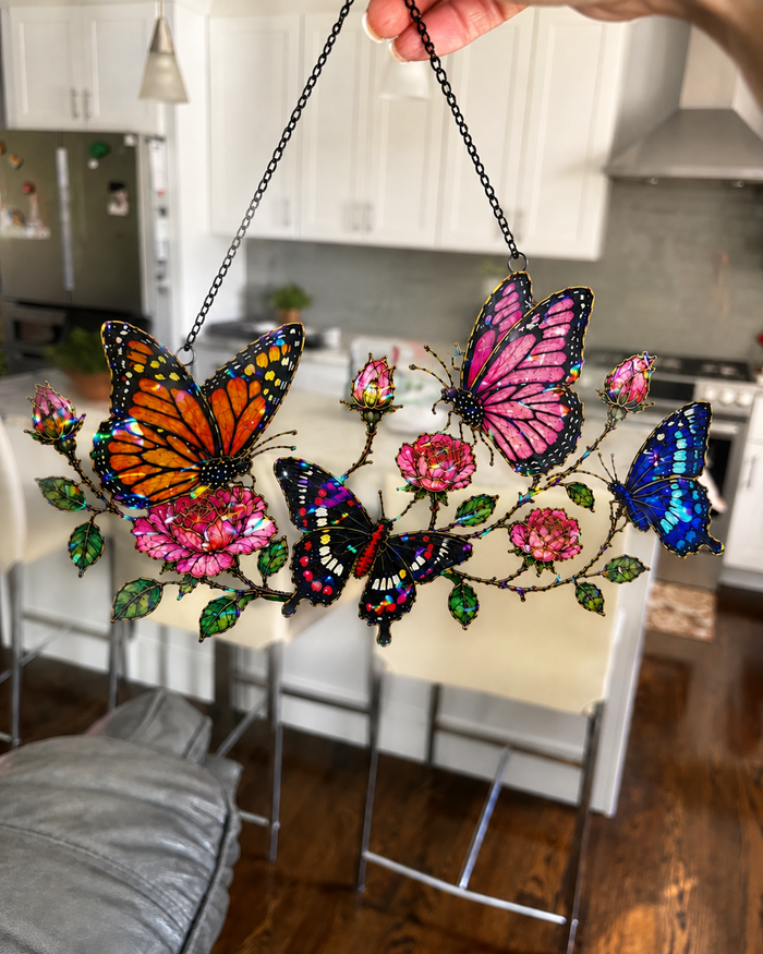 Customer photo β Butterfly Garden & Roses Holographic Acrylic Suncatcher