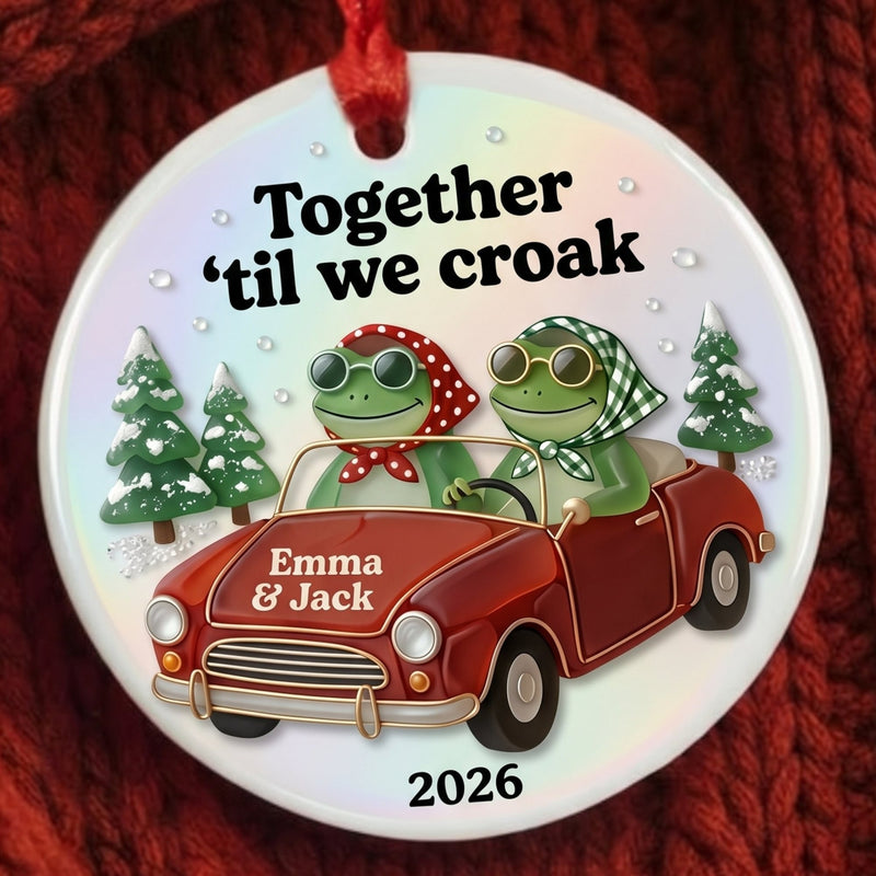 Personalized Together 'Til We Croak Frog Couple Road Trip Ceramic Christmas Ornament — The Long Way Home