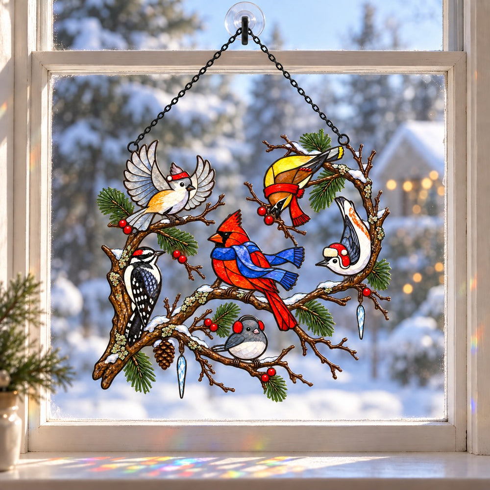 Winter Birds in Scarves on Pine Branch suncatcher in a kitchen window