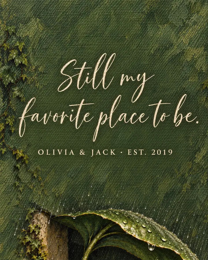 One sentence in a large serif above the frog couple, moss-green wall version