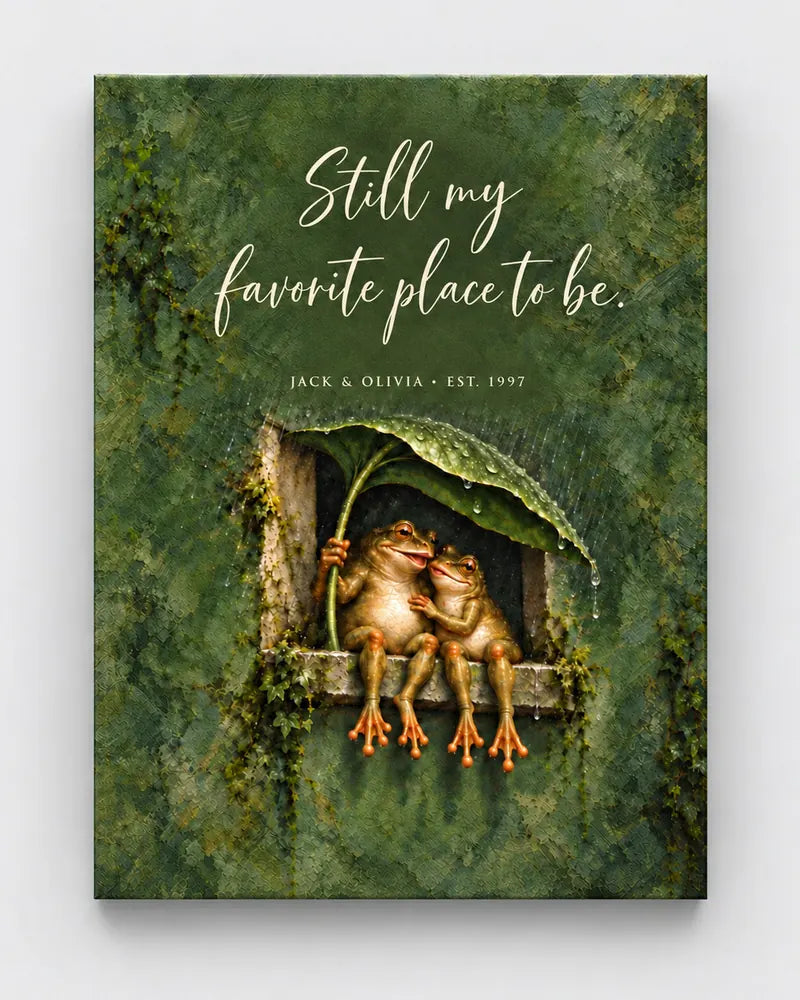 The full Our Song canvas, One Sentence version, moss-green wall, in a black floating frame