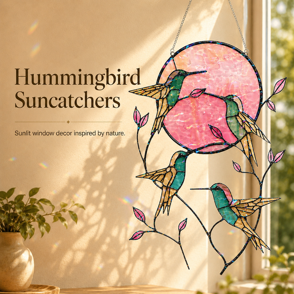 Colorful hummingbird suncatcher hanging near a bright indoor window