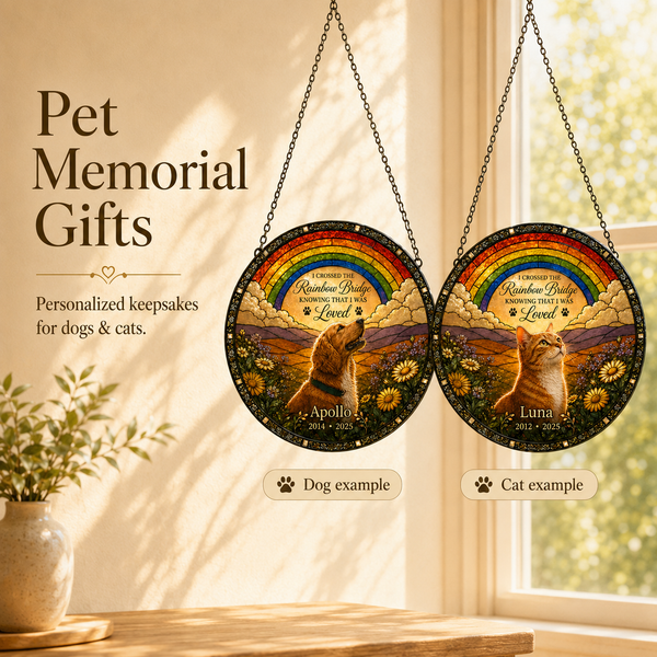 Personalized Rainbow Bridge pet memorial suncatcher for a beloved dog or cat