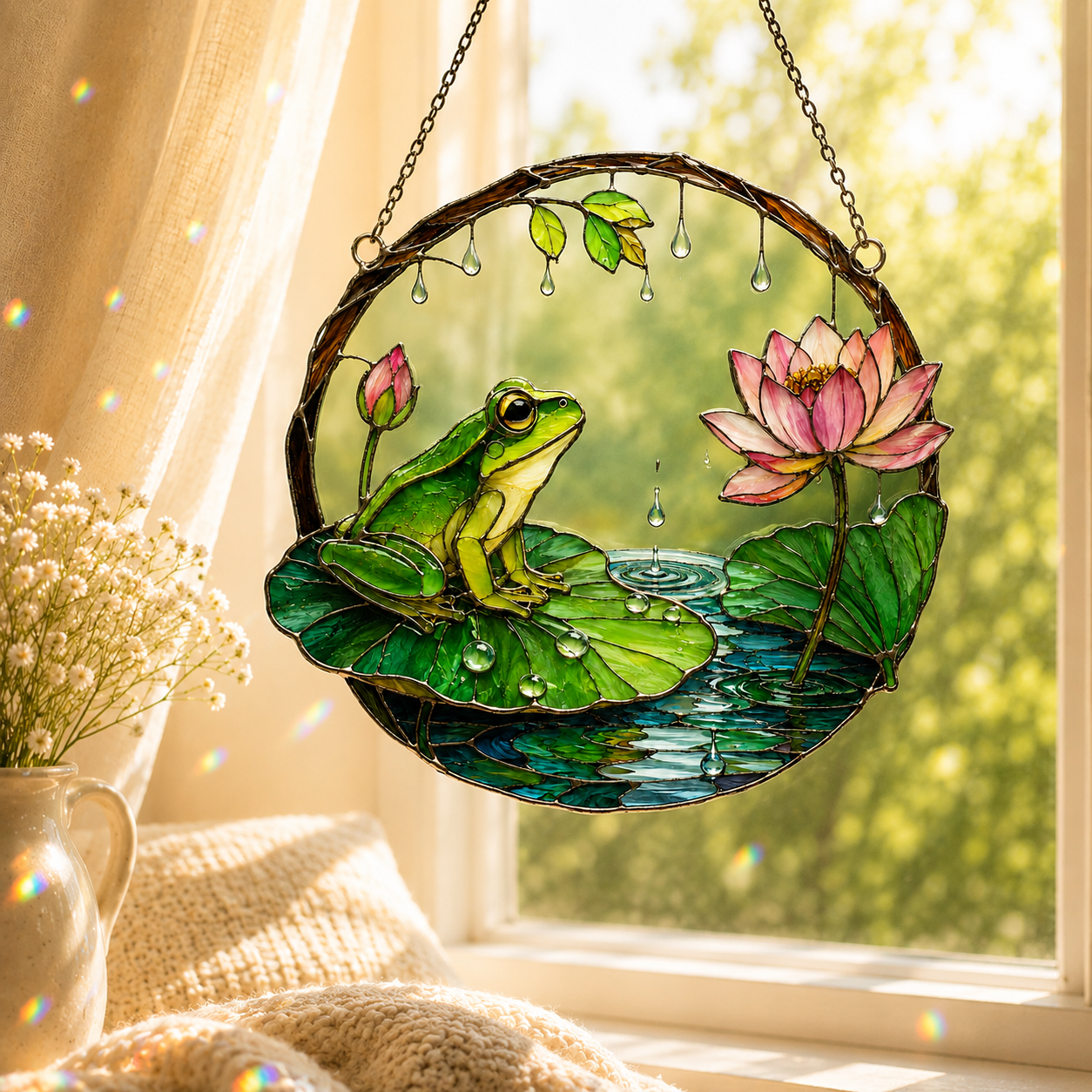 Frog on Lily Pad & Lotus Pond Holographic Acrylic Suncatcher
