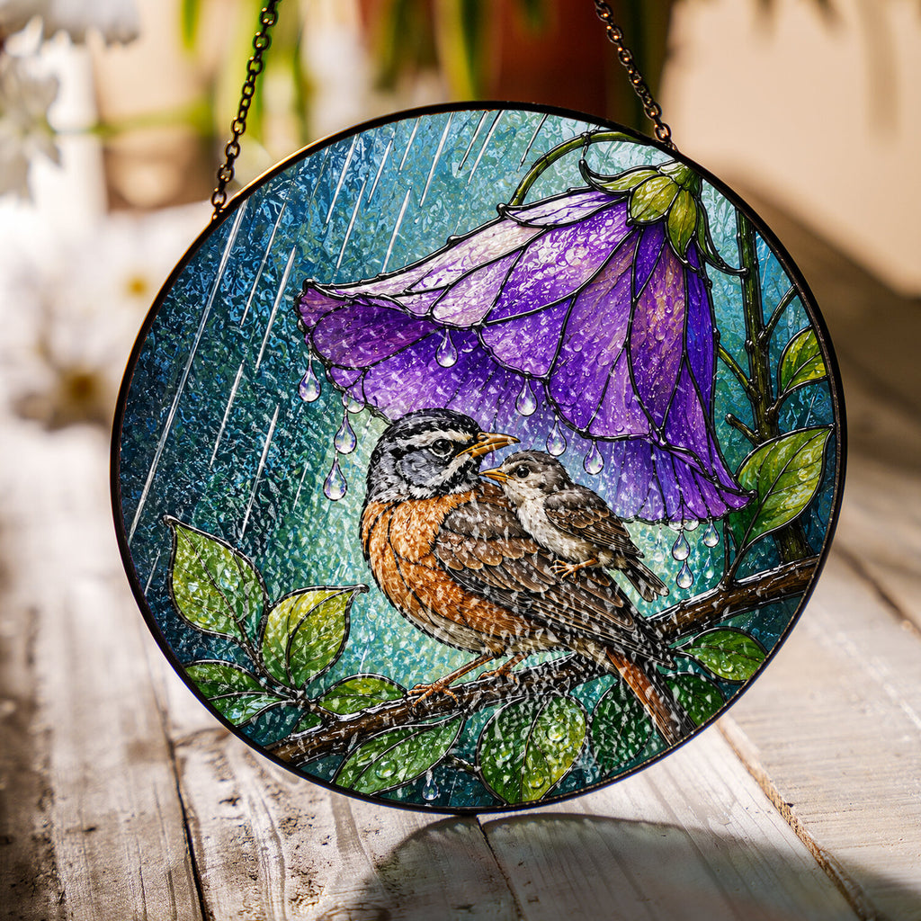 Bird & Purple Bellflower Umbrella Stained Glass Suncatcher