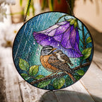 Bird & Purple Bellflower Umbrella Stained Glass Suncatcher
