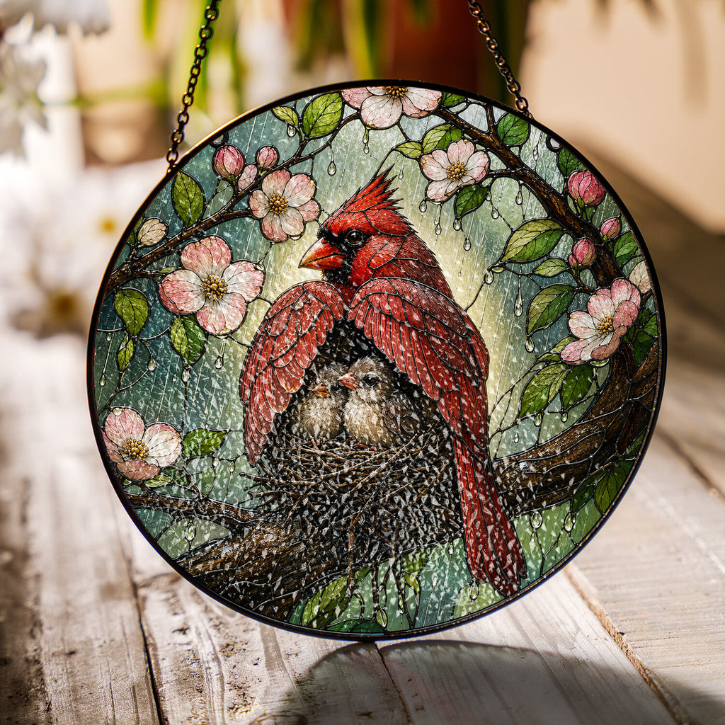 Cardinal Couple & Nest Stained Glass Suncatcher