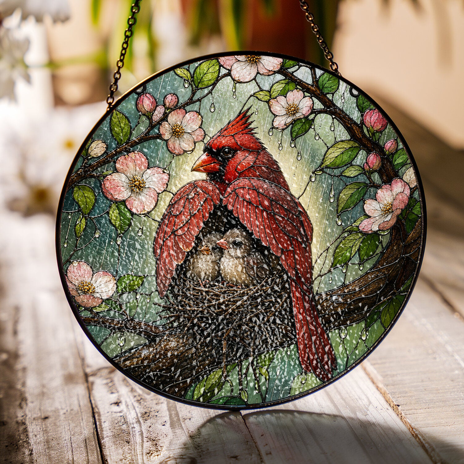 Cardinal Couple & Nest Stained Glass Suncatcher