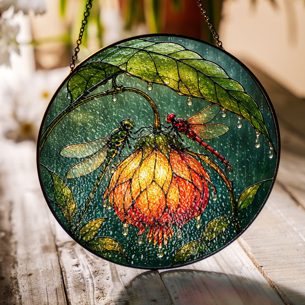 Dragonfly & Glowing Fuchsia Stained Glass Suncatcher