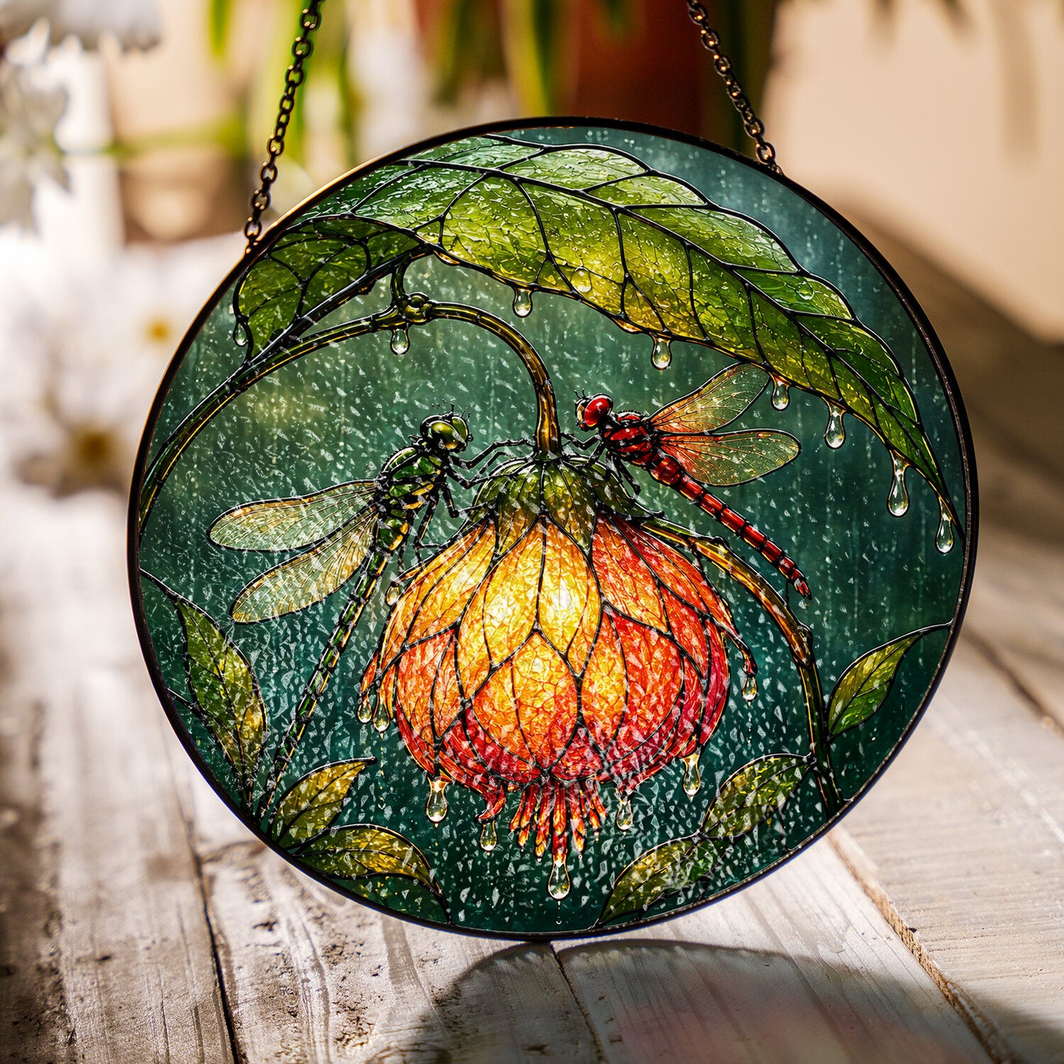 Dragonfly & Glowing Fuchsia Stained Glass Suncatcher
