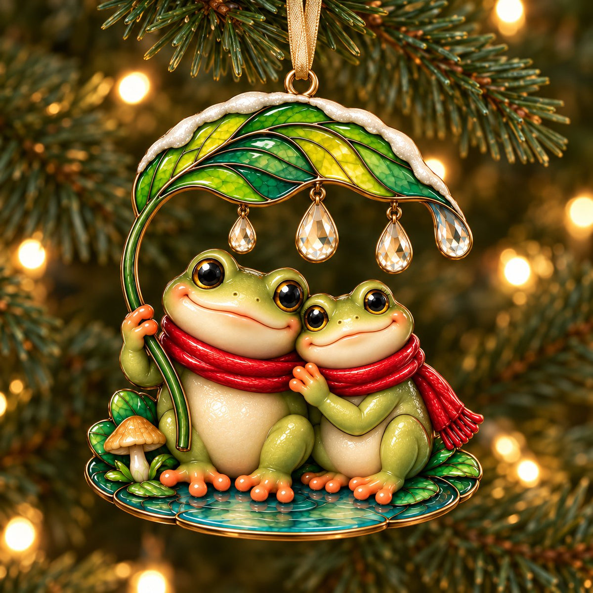 Frog Couple Under One Little Leaf Acrylic Christmas Ornament