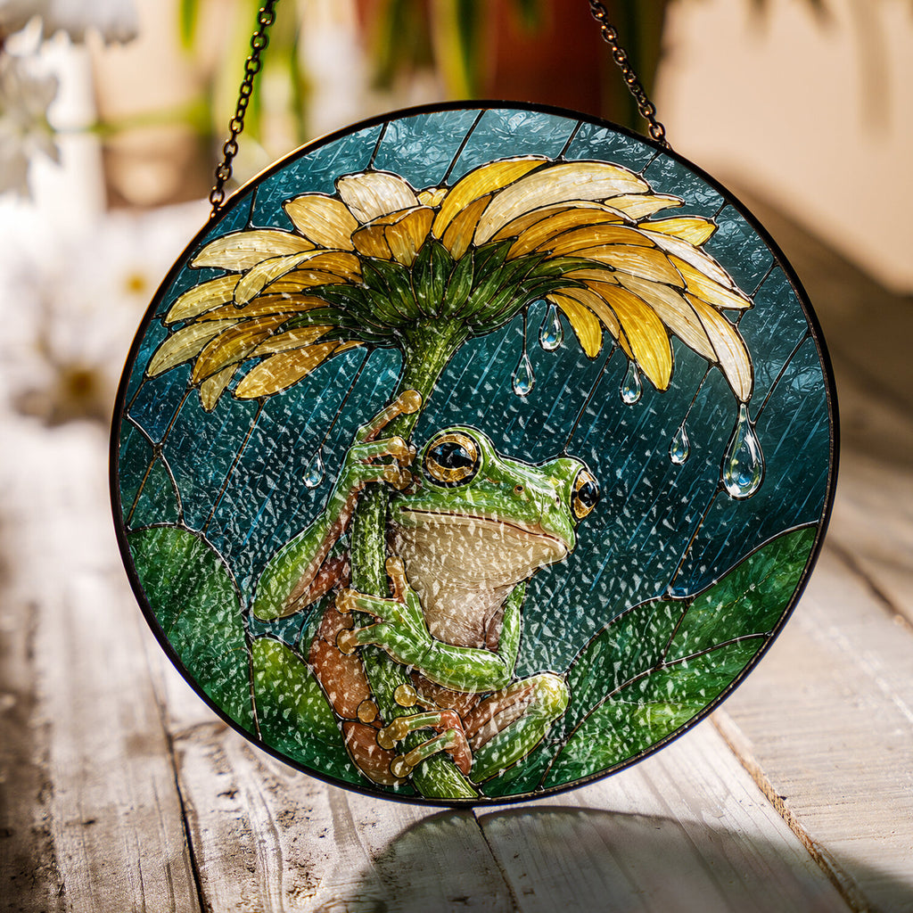 Frog with Sunflower Umbrella Stained Glass Suncatcher