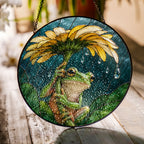 Frog with Sunflower Umbrella Stained Glass Suncatcher