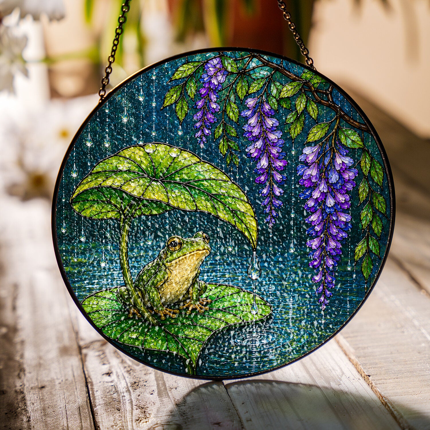 Frog & Wisteria Leaf Umbrella Stained Glass Suncatcher