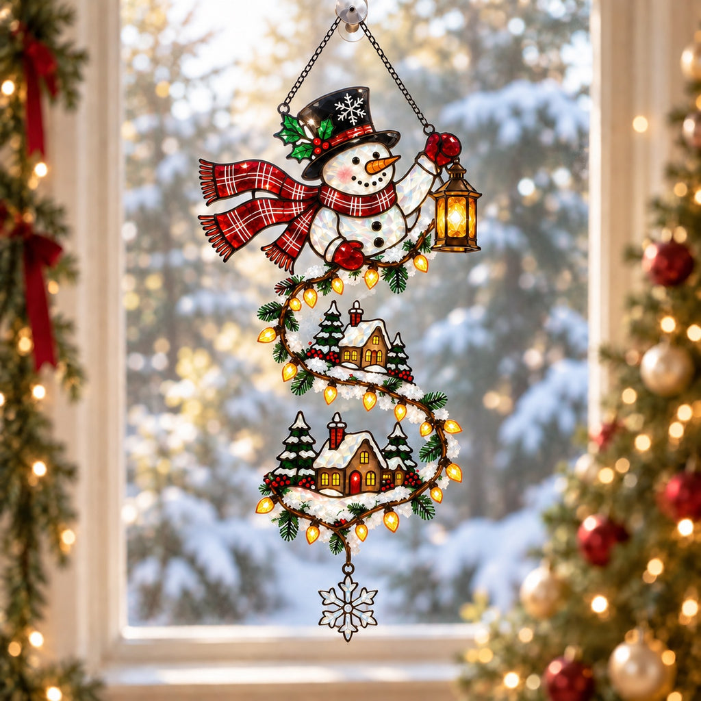 Personalized Snowman with Lantern & Winding Village Holographic Acrylic Suncatcher