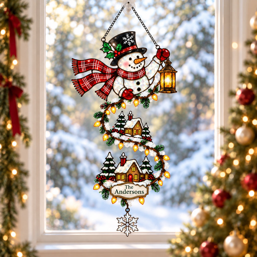 Personalized Snowman with Lantern & Winding Village Holographic Acrylic Suncatcher