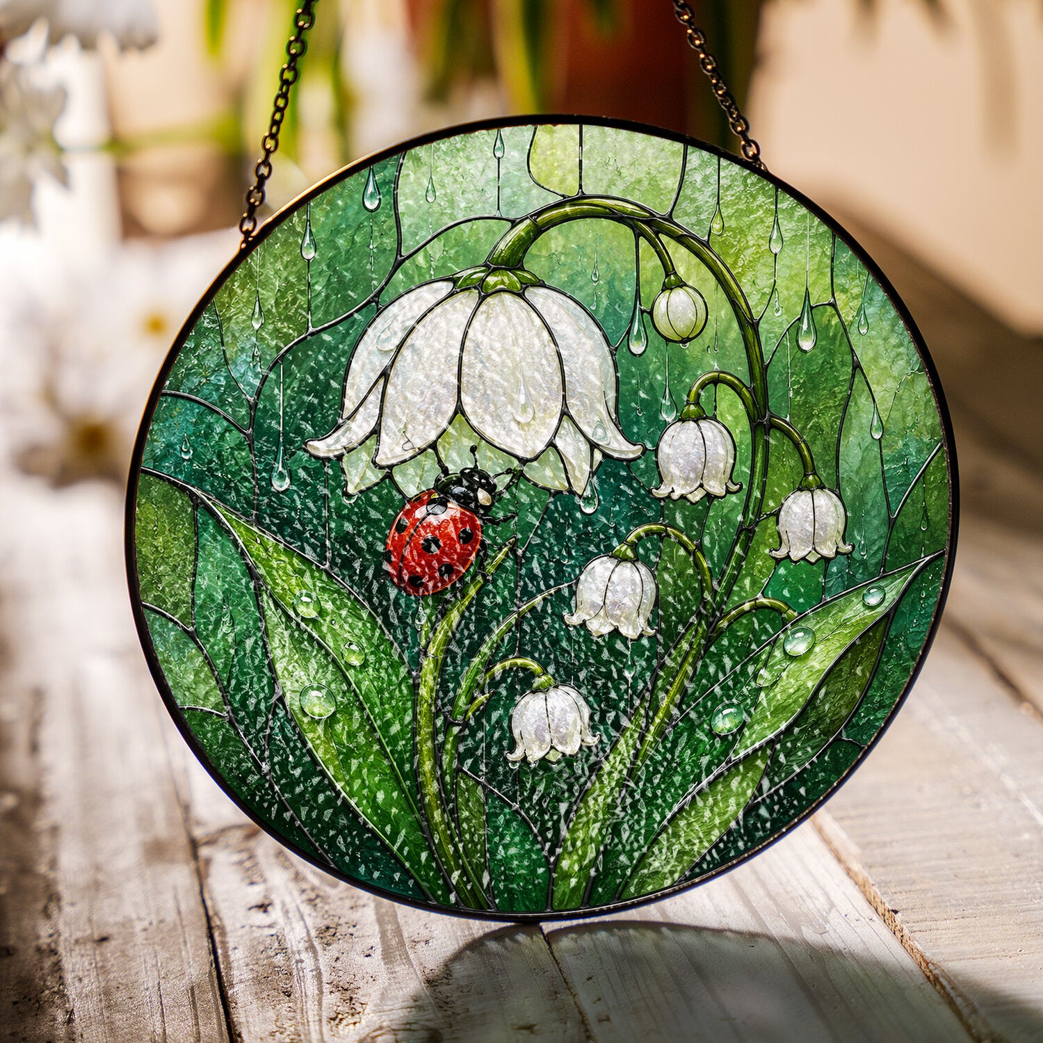 Ladybug & Lily of the Valley Stained Glass Suncatcher