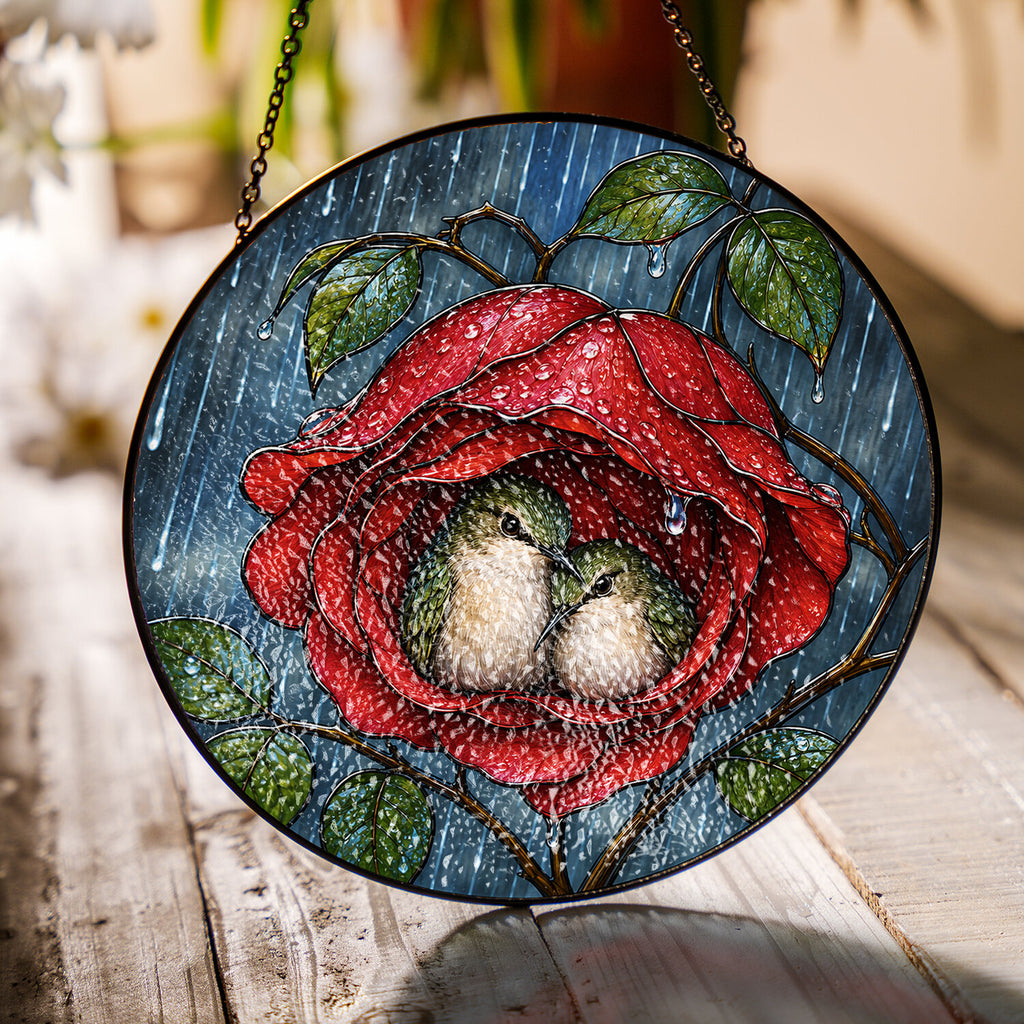 Lovebirds in a Rose Stained Glass Suncatcher