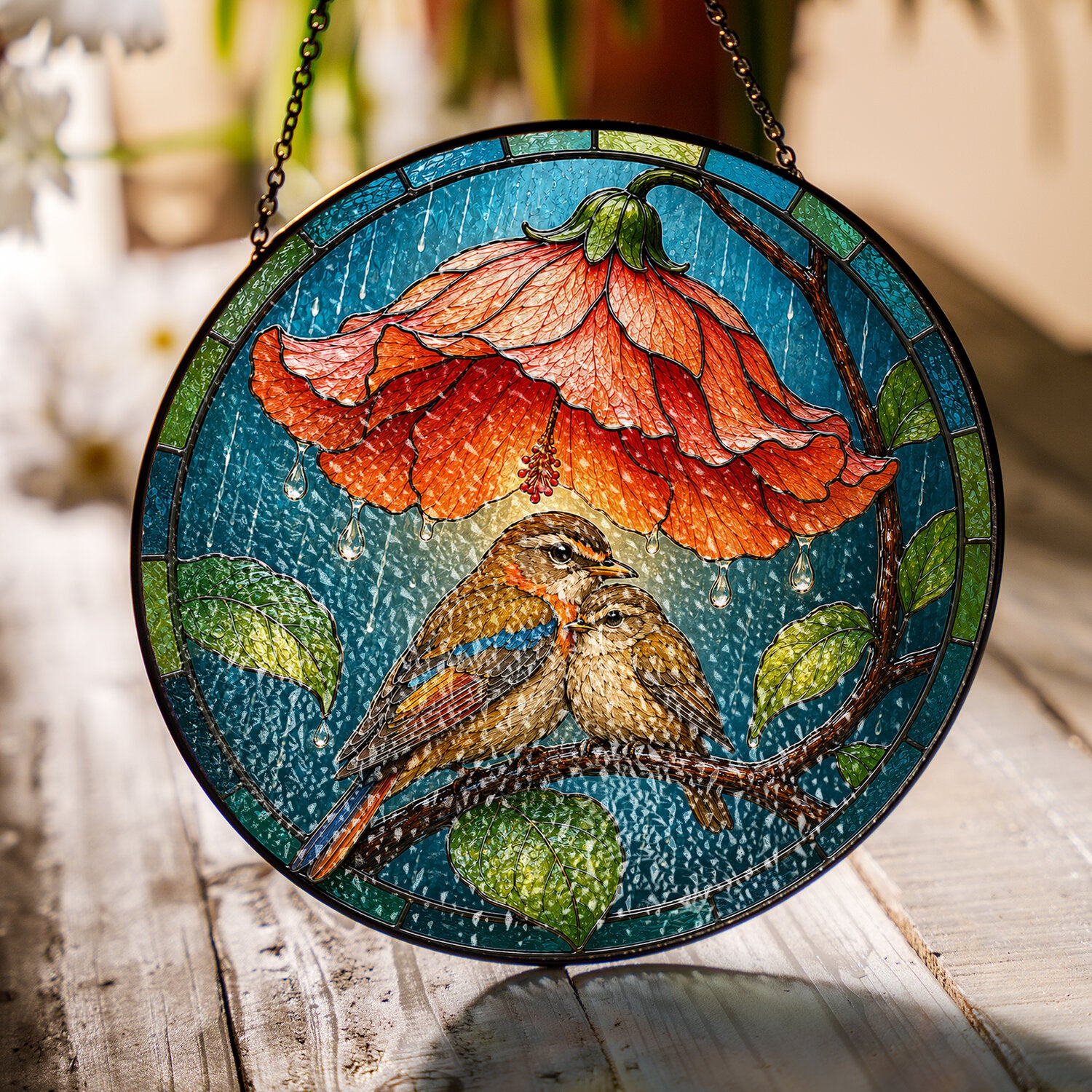Lovebirds Flower Umbrella Stained Glass Suncatcher