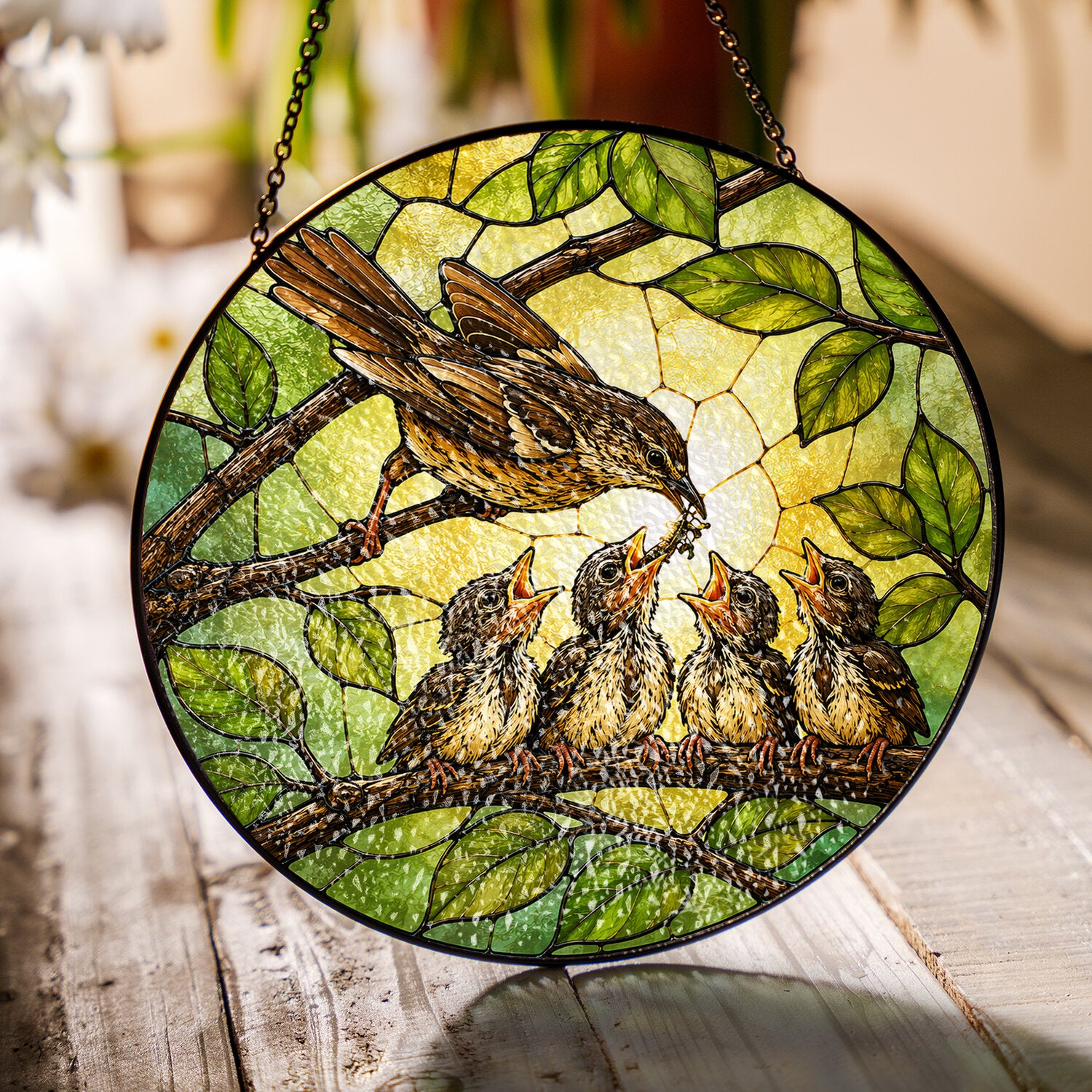 Mother Bird Feeding Chicks Stained Glass Suncatcher