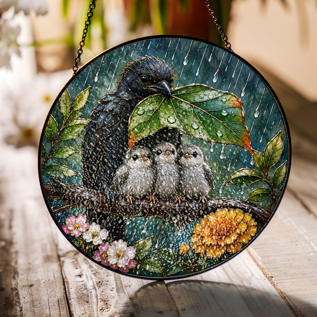 Sheltering Bird Family Stained Glass Suncatcher