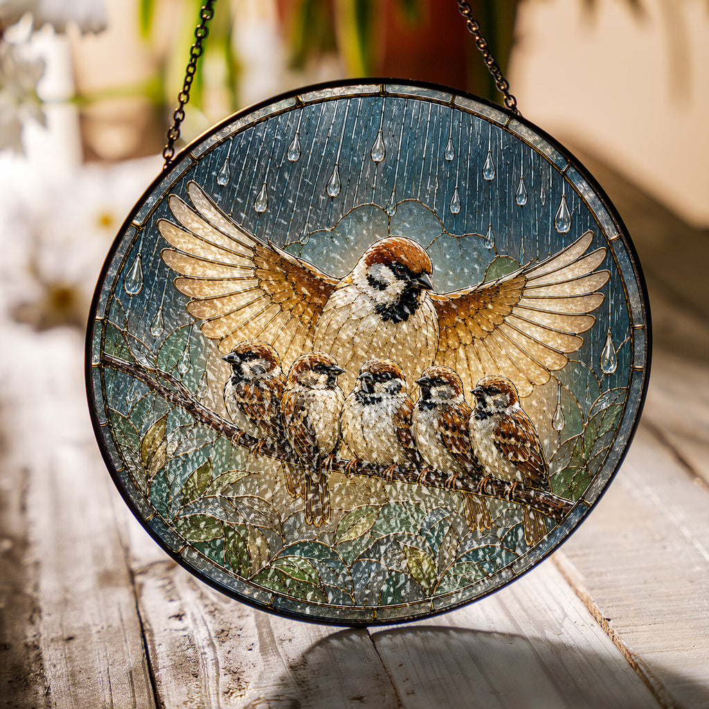 Mother Sparrow Sheltering Chicks Stained Glass Suncatcher