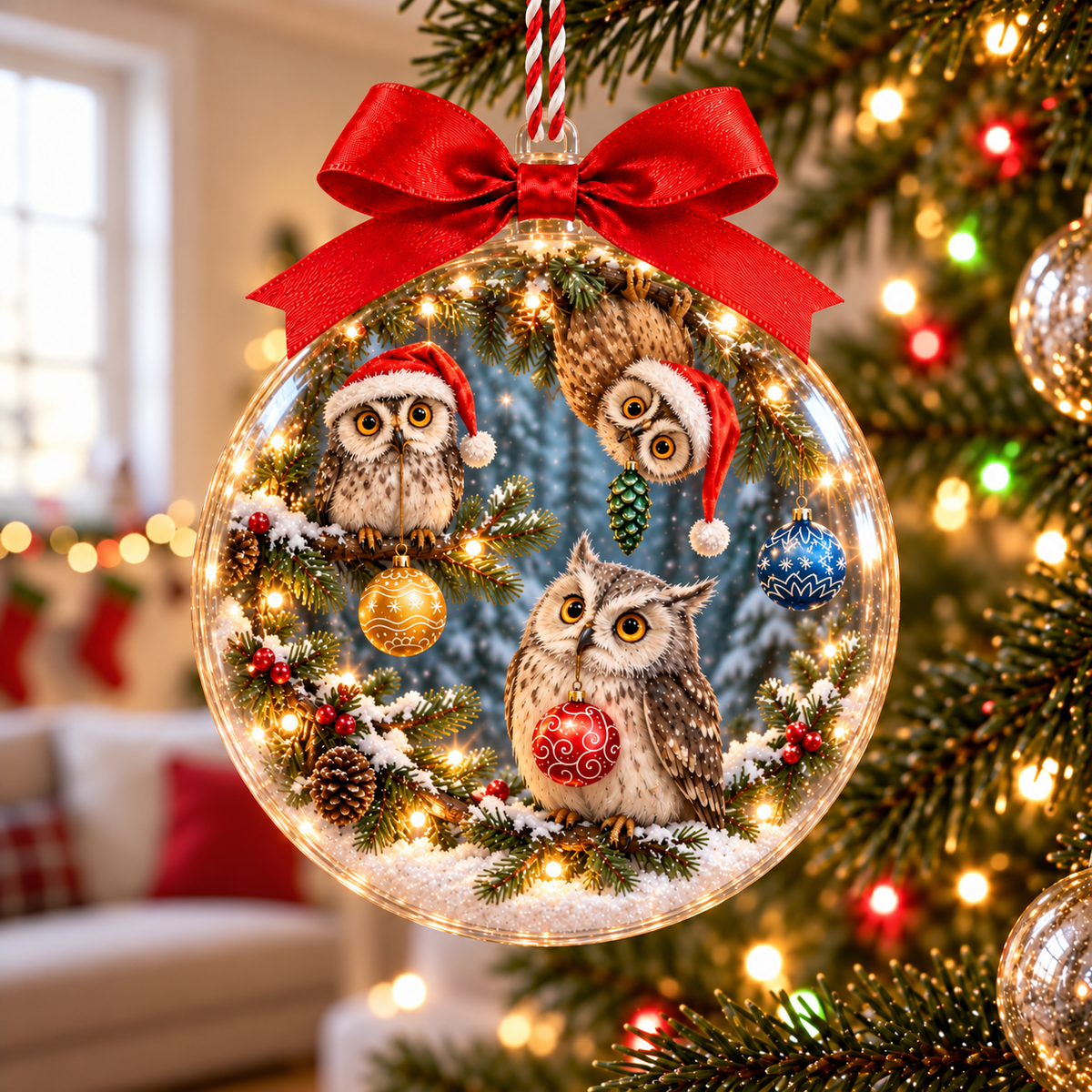 Three Owls in Santa Hats Snowy Christmas Bauble Ornament