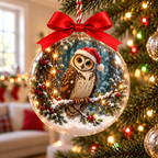 Owl in a Santa Hat on a Snowy Branch Christmas Bauble Ornament
