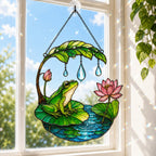 Frog on lotus pond leaf umbrella holographic acrylic suncatcher hanging in a sunlit window