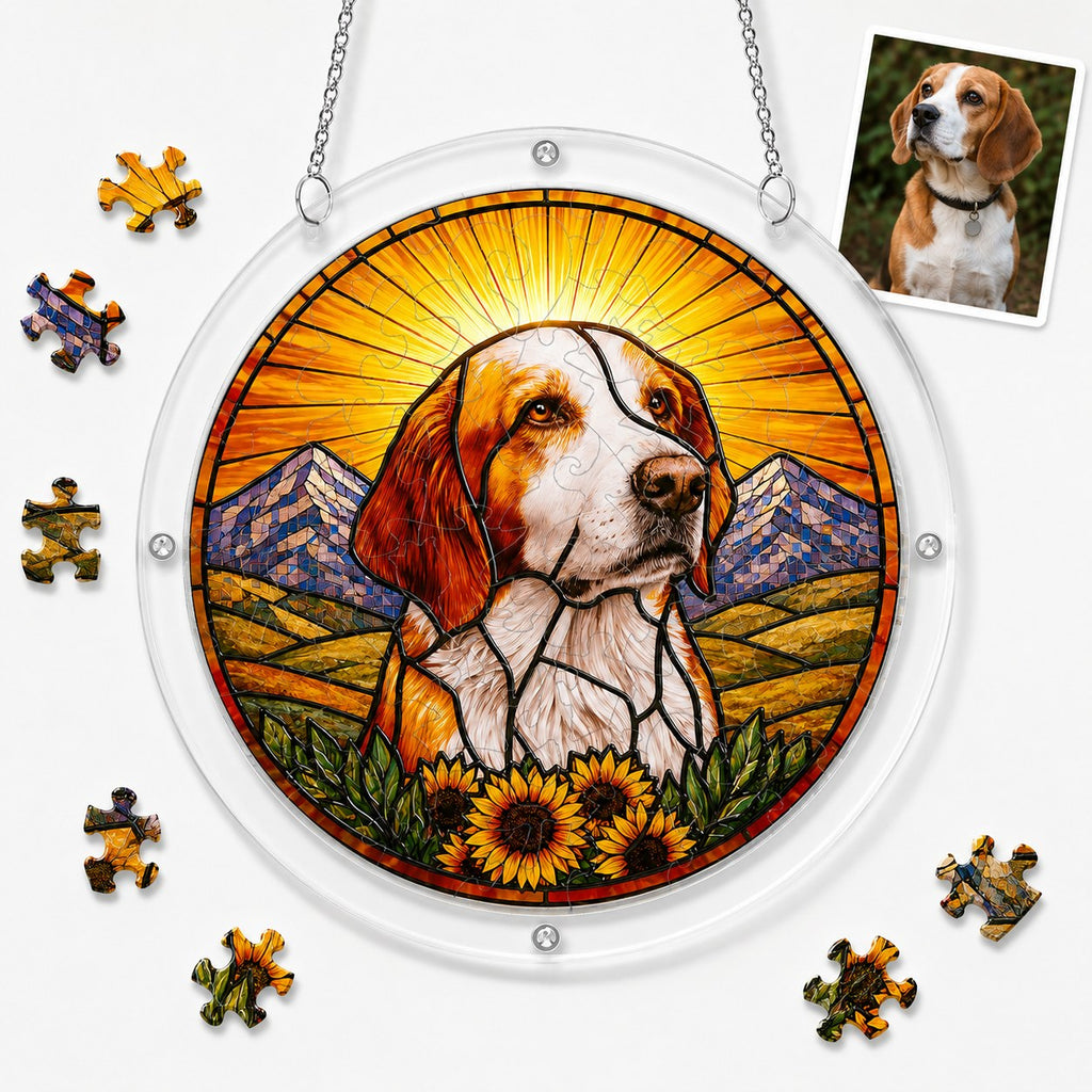 Personalized dog memorial acrylic puzzle suncatcher stained glass style design