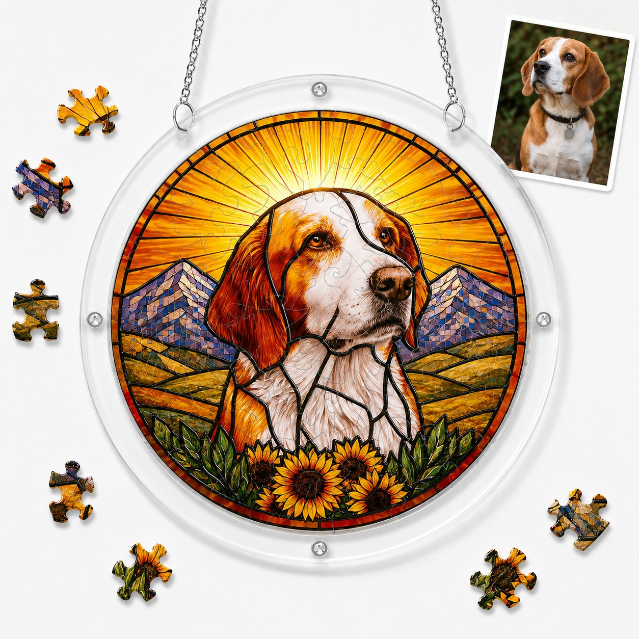 Personalized dog memorial acrylic puzzle suncatcher stained glass style design
