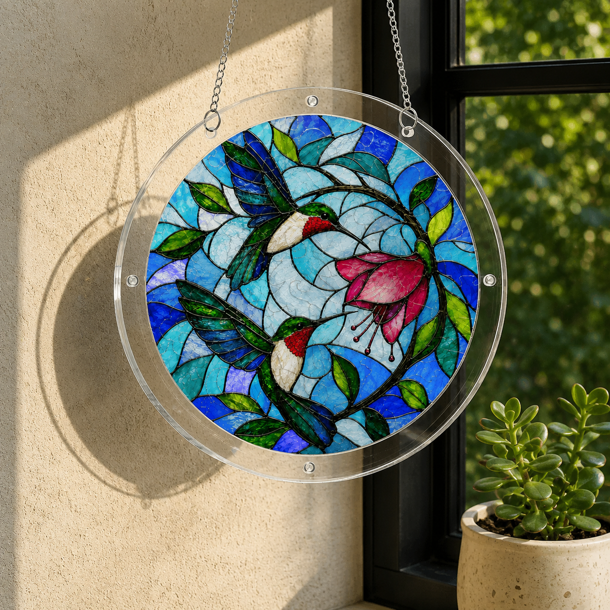 Hummingbird flower acrylic jigsaw puzzle suncatcher hanging by a sunny window with clear acrylic frame and metal chain