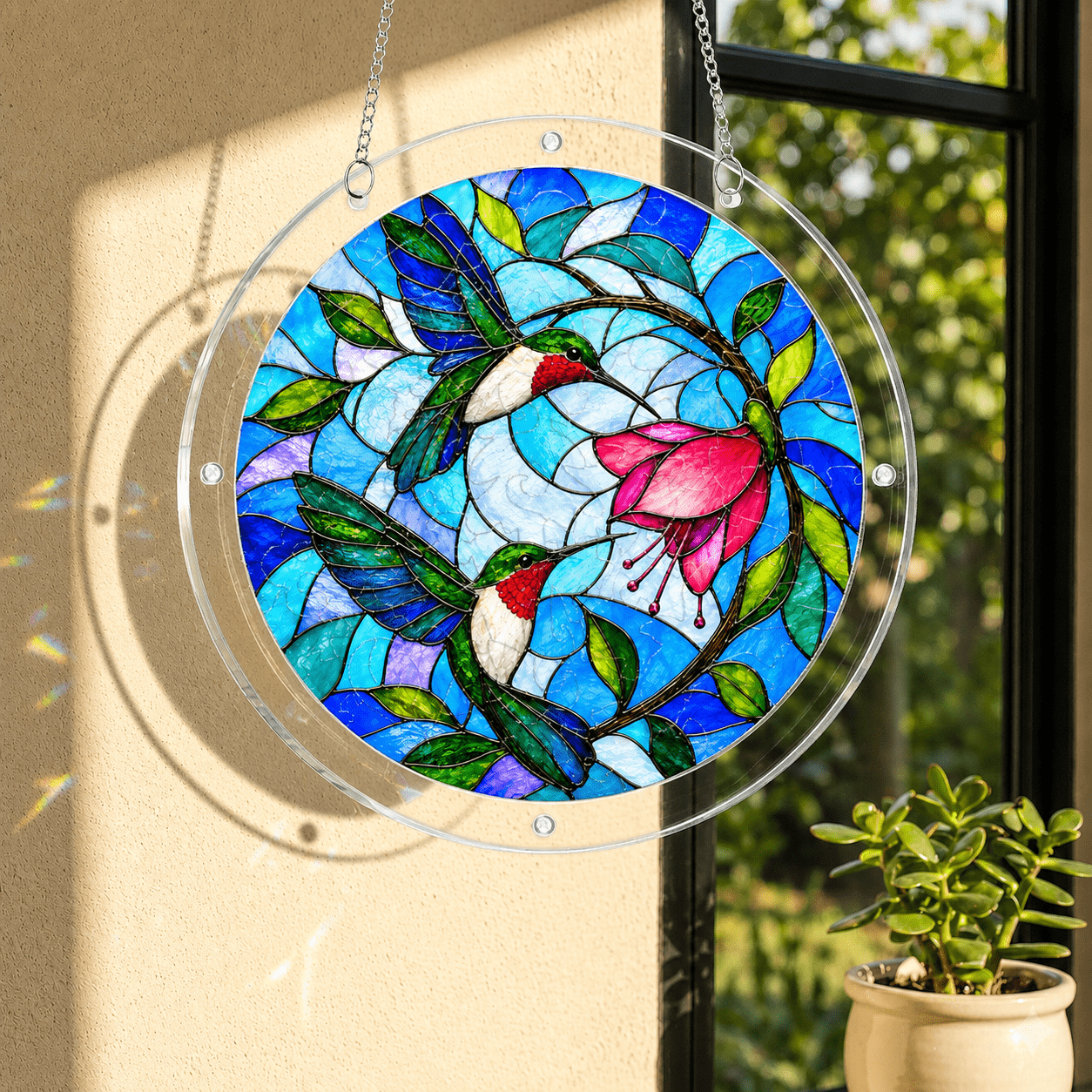 Hummingbird flower acrylic jigsaw puzzle suncatcher hanging by a sunny window with clear acrylic frame and metal chain