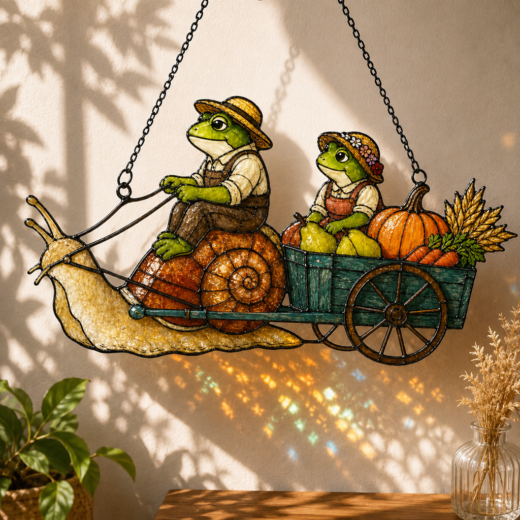 Frog Couple Pumpkin Harvest Snail Cart Holographic Acrylic Suncatcher