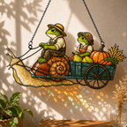 Frog Couple Pumpkin Harvest Snail Cart Holographic Acrylic Suncatcher