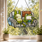 Frog Couple Movie Night on Couch Holographic Acrylic Suncatcher