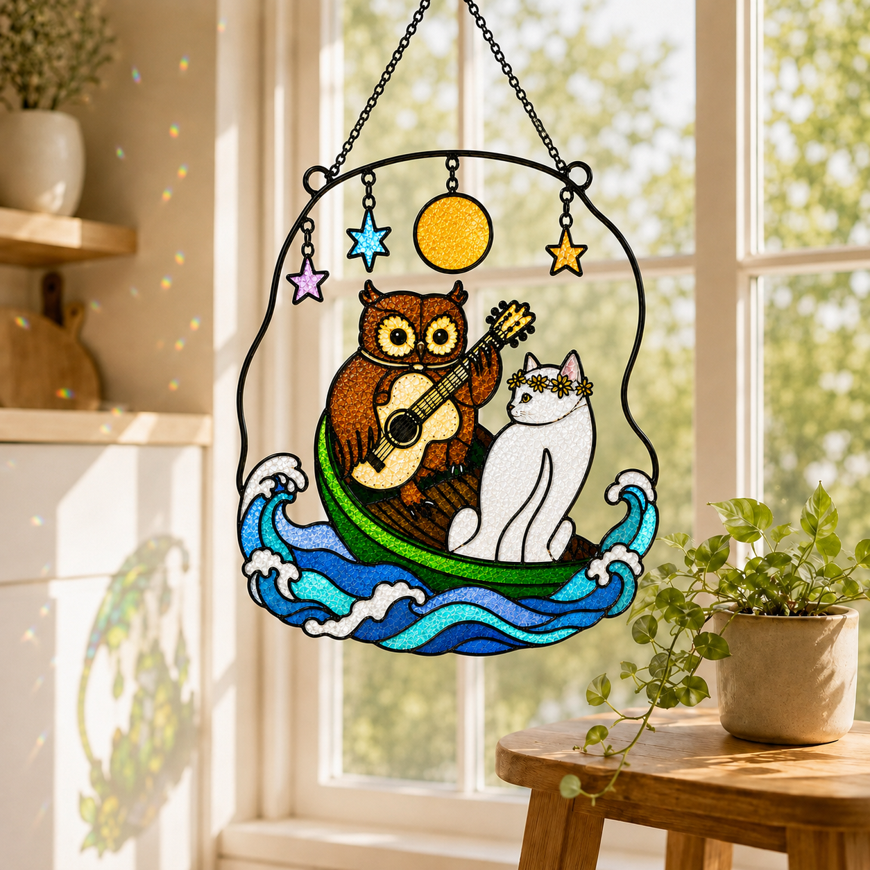 Owl and Cat Couple in a Boat Holographic Acrylic Suncatcher