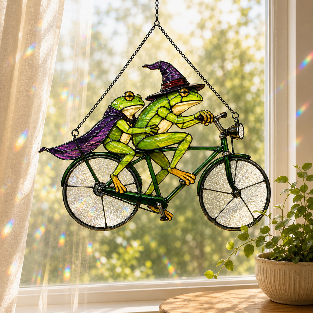 Witch Frog Couple on a Bicycle Holographic Acrylic Suncatcher