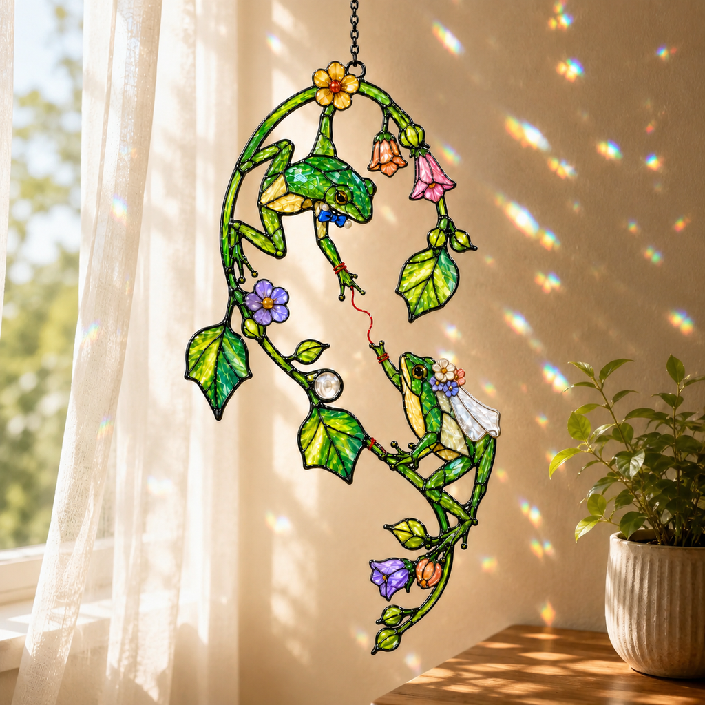 Frog Couple on Flower Vine Holographic Acrylic Suncatcher