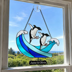 Personalized Penguin Couple Ocean Wave Holographic Acrylic Suncatcher